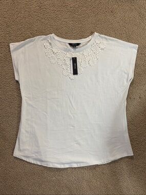 NWT: Short-Sleeve Top with Floral Lace Neckline